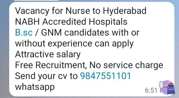 Vecancy for nurse to Hyderabad